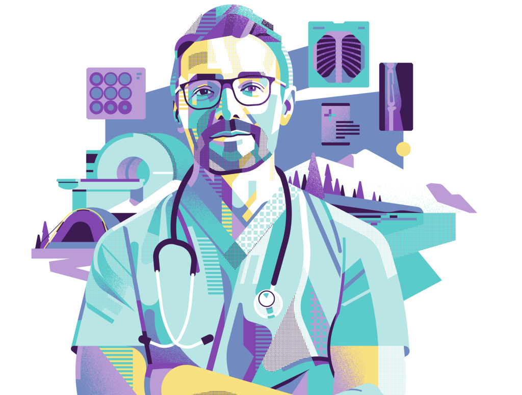 Illustration of male physician with lifestyle background
