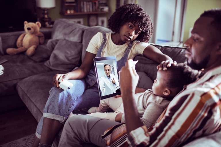 Family on a telehealth call with a healthcare provider