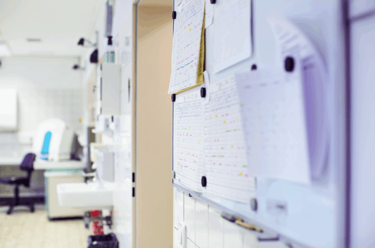 Staff schedule on bulletin board