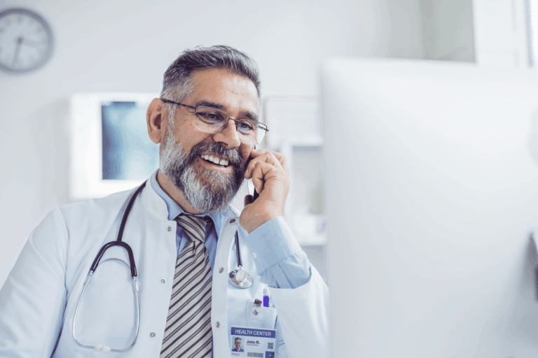 Physician speaking on cell phone