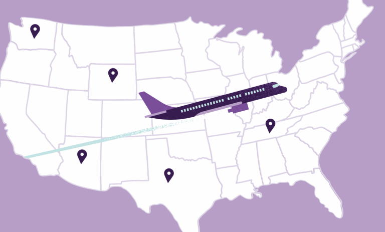 Graphic of airplane flying across United States map