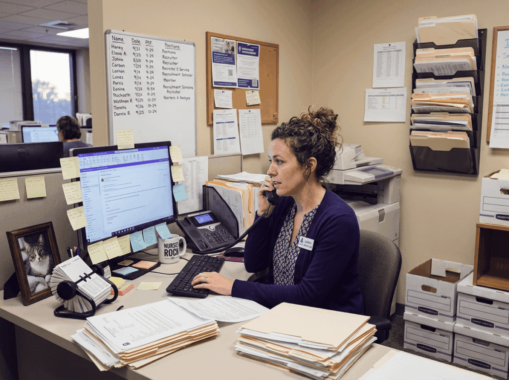 Female hospital recruiter sitting at a desk using the computer and talking on the phone